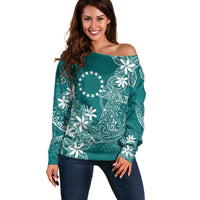 Teal Kuki Airani Tapakau Off Shoulder Sweater Tribal Anchor Mix Tiare