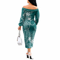 Teal Kuki Airani Tapakau Off The Shoulder Long Sleeve Dress Tribal Anchor Mix Tiare LT7 - Polynesian Pride