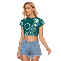 Teal Kuki Airani Tapakau Raglan Cropped T Shirt Tribal Anchor Mix Tiare