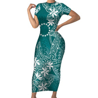 Teal Kuki Airani Tapakau Short Sleeve Bodycon Dress Tribal Anchor Mix Tiare