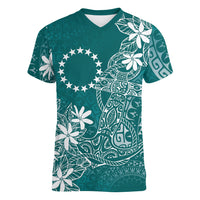 Teal Kuki Airani Tapakau Women V-Neck T-Shirt Tribal Anchor Mix Tiare