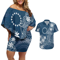 Navy Kuki Airani Tapakau Couples Matching Off Shoulder Short Dress and Hawaiian Shirt Tribal Anchor Mix Tiare