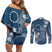 Navy Kuki Airani Tapakau Couples Matching Off Shoulder Short Dress and Long Sleeve Button Shirt Tribal Anchor Mix Tiare