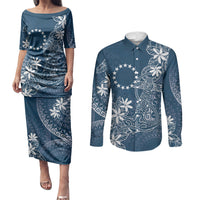 Navy Kuki Airani Tapakau Couples Matching Puletasi and Long Sleeve Button Shirt Tribal Anchor Mix Tiare LT7 Navy - Polynesian Pride