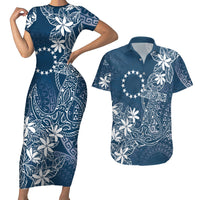 Navy Kuki Airani Tapakau Couples Matching Short Sleeve Bodycon Dress and Hawaiian Shirt Tribal Anchor Mix Tiare