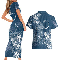 Navy Kuki Airani Tapakau Couples Matching Short Sleeve Bodycon Dress and Hawaiian Shirt Tribal Anchor Mix Tiare
