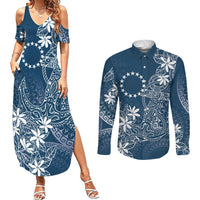 Navy Kuki Airani Tapakau Couples Matching Summer Maxi Dress and Long Sleeve Button Shirt Tribal Anchor Mix Tiare