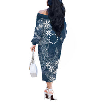 Navy Kuki Airani Tapakau Off The Shoulder Long Sleeve Dress Tribal Anchor Mix Tiare
