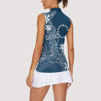 Navy Kuki Airani Tapakau Women Sleeveless Polo Shirt Tribal Anchor Mix Tiare