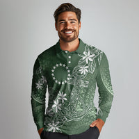 Sage Green Kuki Airani Tapakau Long Sleeve Polo Shirt Tribal Anchor Mix Tiare