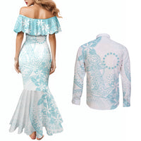 Turquoise Kuki Airani Tapakau Couples Matching Mermaid Dress and Long Sleeve Button Shirt Tribal Anchor Mix Tiare