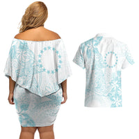 Turquoise Kuki Airani Tapakau Couples Matching Off Shoulder Short Dress and Hawaiian Shirt Tribal Anchor Mix Tiare