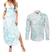 Turquoise Kuki Airani Tapakau Couples Matching Summer Maxi Dress and Long Sleeve Button Shirt Tribal Anchor Mix Tiare