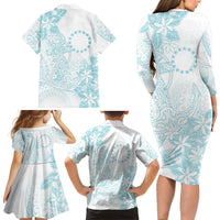 Turquoise Kuki Airani Tapakau Family Matching Long Sleeve Bodycon Dress and Hawaiian Shirt Tribal Anchor Mix Tiare LT7 Mom's Dress Turquoise - Polynesian Pride