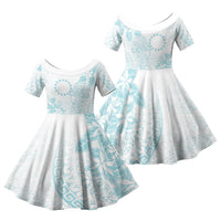 Turquoise Kuki Airani Tapakau Family Matching Off The Shoulder Long Sleeve Dress and Hawaiian Shirt Tribal Anchor Mix Tiare LT7 Daughter's Dress Turquoise - Polynesian Pride