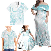 Turquoise Kuki Airani Tapakau Family Matching Off Shoulder Maxi Dress and Hawaiian Shirt Tribal Anchor Mix Tiare
