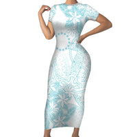 Turquoise Kuki Airani Tapakau Family Matching Short Sleeve Bodycon Dress and Hawaiian Shirt Tribal Anchor Mix Tiare