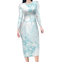 Turquoise Kuki Airani Tapakau Long Sleeve Bodycon Dress Tribal Anchor Mix Tiare