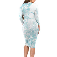 Turquoise Kuki Airani Tapakau Long Sleeve Bodycon Dress Tribal Anchor Mix Tiare