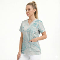Turquoise Kuki Airani Tapakau Scrub Top Tribal Anchor Mix Tiare