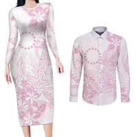 Candy Pink Kuki Airani Tapakau Couples Matching Long Sleeve Bodycon Dress and Long Sleeve Button Shirt Tribal Anchor Mix Tiare