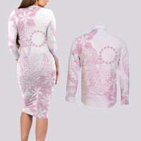 Candy Pink Kuki Airani Tapakau Couples Matching Long Sleeve Bodycon Dress and Long Sleeve Button Shirt Tribal Anchor Mix Tiare