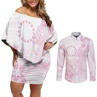 Candy Pink Kuki Airani Tapakau Couples Matching Off Shoulder Short Dress and Long Sleeve Button Shirt Tribal Anchor Mix Tiare