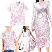 Candy Pink Kuki Airani Tapakau Family Matching Long Sleeve Bodycon Dress and Hawaiian Shirt Tribal Anchor Mix Tiare