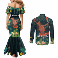 Hawaii Hula Girl Vintage Couples Matching Mermaid Dress and Long Sleeve Button Shirt Tropical Forest