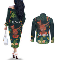 Hawaii Hula Girl Vintage Couples Matching Off The Shoulder Long Sleeve Dress and Long Sleeve Button Shirt Tropical Forest