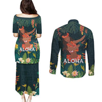 Hawaii Hula Girl Vintage Couples Matching Puletasi and Long Sleeve Button Shirt Tropical Forest