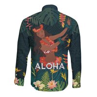 Hawaii Hula Girl Vintage Long Sleeve Button Shirt Tropical Forest