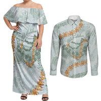Hawaii Kaho'olawe Island Flowers Lei Couples Matching Off Shoulder Maxi Dress and Long Sleeve Button Shirt Silver Hinahina Kū Kahakai