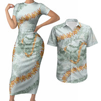 Hawaii Kaho'olawe Island Flowers Lei Couples Matching Short Sleeve Bodycon Dress and Hawaiian Shirt Silver Hinahina Kū Kahakai LT7 Silver - Polynesian Pride