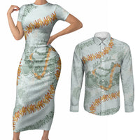 Hawaii Kaho'olawe Island Flowers Lei Couples Matching Short Sleeve Bodycon Dress and Long Sleeve Button Shirt Silver Hinahina Kū Kahakai LT7 Silver - Polynesian Pride