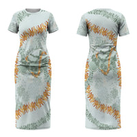 Hawaii Kaho'olawe Island Flowers Lei Couples Matching Short Sleeve Bodycon Dress and Long Sleeve Button Shirt Silver Hinahina Kū Kahakai LT7 - Polynesian Pride