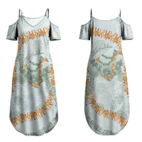 Hawaii Kaho'olawe Island Flowers Lei Couples Matching Summer Maxi Dress and Hawaiian Shirt Silver Hinahina Kū Kahakai