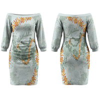 Hawaii Kaho'olawe Island Flowers Lei Family Matching Off The Shoulder Long Sleeve Dress and Hawaiian Shirt Silver Hinahina Kū Kahakai LT7 Mom's Dress Silver - Polynesian Pride