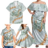 Hawaii Kaho'olawe Island Flowers Lei Family Matching Off Shoulder Maxi Dress and Hawaiian Shirt Silver Hinahina Kū Kahakai