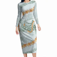 Hawaii Kaho'olawe Island Flowers Lei Long Sleeve Bodycon Dress Silver Hinahina Kū Kahakai