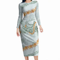 Hawaii Kaho'olawe Island Flowers Lei Long Sleeve Bodycon Dress Silver Hinahina Kū Kahakai LT7 Long Dress Silver - Polynesian Pride