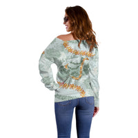 Hawaii Kaho'olawe Island Flowers Lei Off Shoulder Sweater Silver Hinahina Kū Kahakai