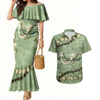 Hawaii Molokai Island Flowers Lei Couples Matching Mermaid Dress and Hawaiian Shirt Kukui Nut Mossy Green