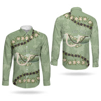 Hawaii Molokai Island Flowers Lei Couples Matching Off Shoulder Short Dress and Long Sleeve Button Shirt Kukui Nut Mossy Green