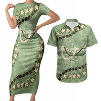Hawaii Molokai Island Flowers Lei Couples Matching Short Sleeve Bodycon Dress and Hawaiian Shirt Kukui Nut Mossy Green LT7 Moss Green - Polynesian Pride