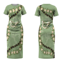 Hawaii Molokai Island Flowers Lei Couples Matching Short Sleeve Bodycon Dress and Hawaiian Shirt Kukui Nut Mossy Green LT7 - Polynesian Pride