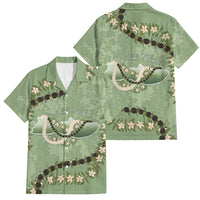 Hawaii Molokai Island Flowers Lei Family Matching Off The Shoulder Long Sleeve Dress and Hawaiian Shirt Kukui Nut Mossy Green LT7 Dad's Shirt - Short Sleeve Moss Green - Polynesian Pride
