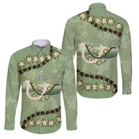 Hawaii Molokai Island Flowers Lei Family Matching Off The Shoulder Long Sleeve Dress and Hawaiian Shirt Kukui Nut Mossy Green LT7 Dad's Shirt - Long Sleeve Moss Green - Polynesian Pride