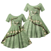 Hawaii Molokai Island Flowers Lei Family Matching Off The Shoulder Long Sleeve Dress and Hawaiian Shirt Kukui Nut Mossy Green