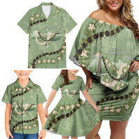 Hawaii Molokai Island Flowers Lei Family Matching Off Shoulder Short Dress and Hawaiian Shirt Kukui Nut Mossy Green